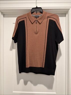 Ted Baker Brown and Black Short-Sleeve Polo with Zip Front